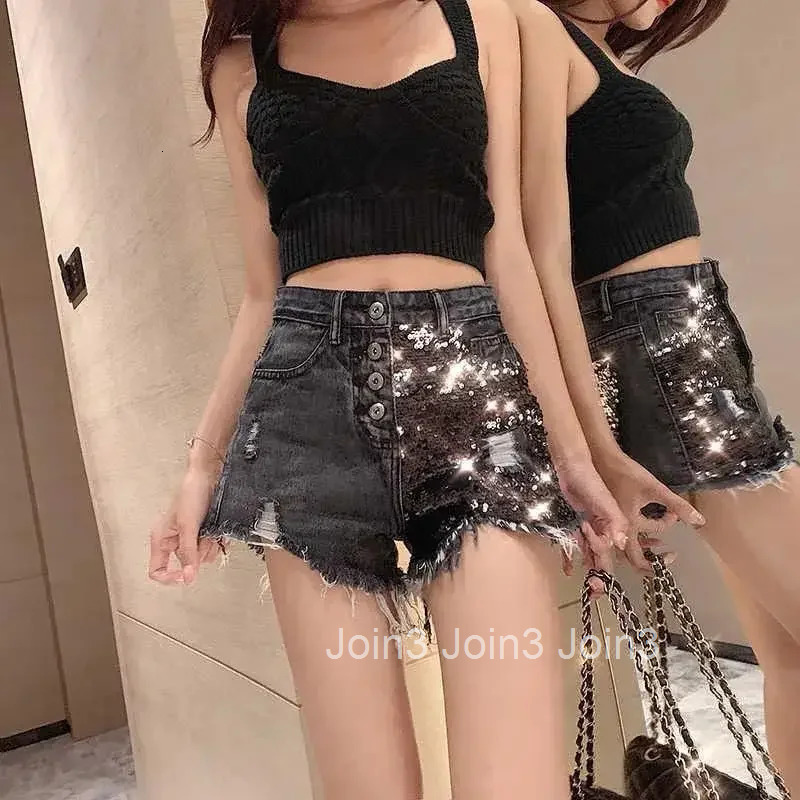 Ripped Sequins Denim Shorts for Women Y2k Vintage Fashion Clothing 2025 To Wear Harajuku Jorts Designer Short Jean Pants Woman