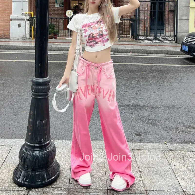 Loosefit Wide Leg Womens Jeans Pink Z Xxl Retro Fashion Trousers Casual Wholesale Top Selling Stretched Cowboy Pants for Woman