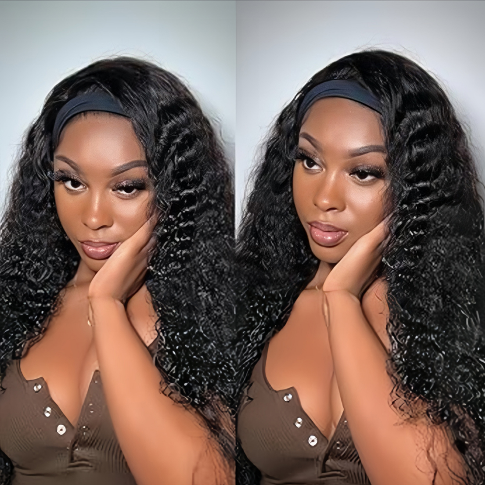 32 Inches Headband Wig Human Hair 250% Density Water Wave Glueless Wig Full Machine Made Deep Curly Headband Human Hair Wigs for Women