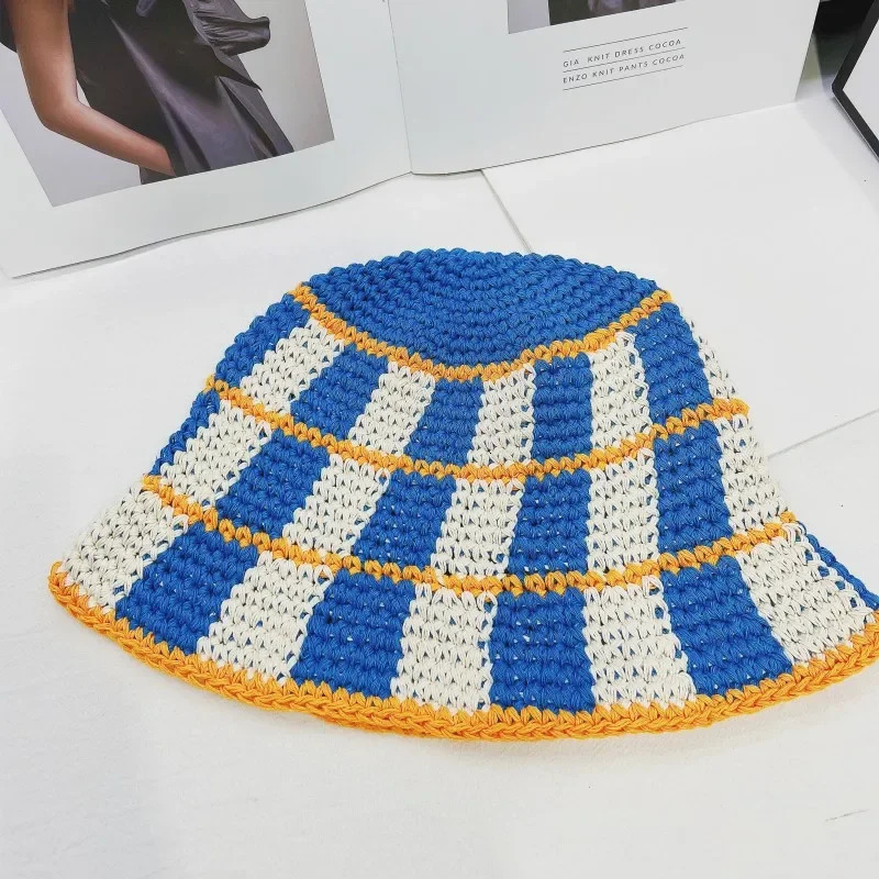 Japanese Korean Color Contrast Plaid Bucket Hat Women Ins Handmade Crochet Hat Summer Vacation Beach Casual Knitted Hat 250618