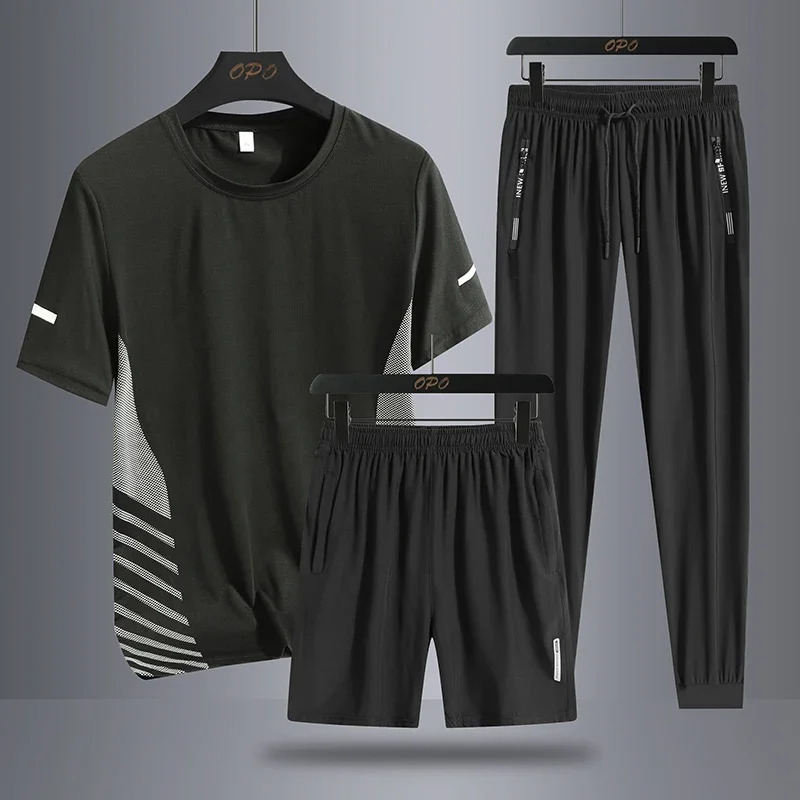 Mens Ice Silk Quick Drying Three Piece Set with Round Neck Short Sleeved T-shirt Comfortable Sports Sets Casual Pants Shorts 250617