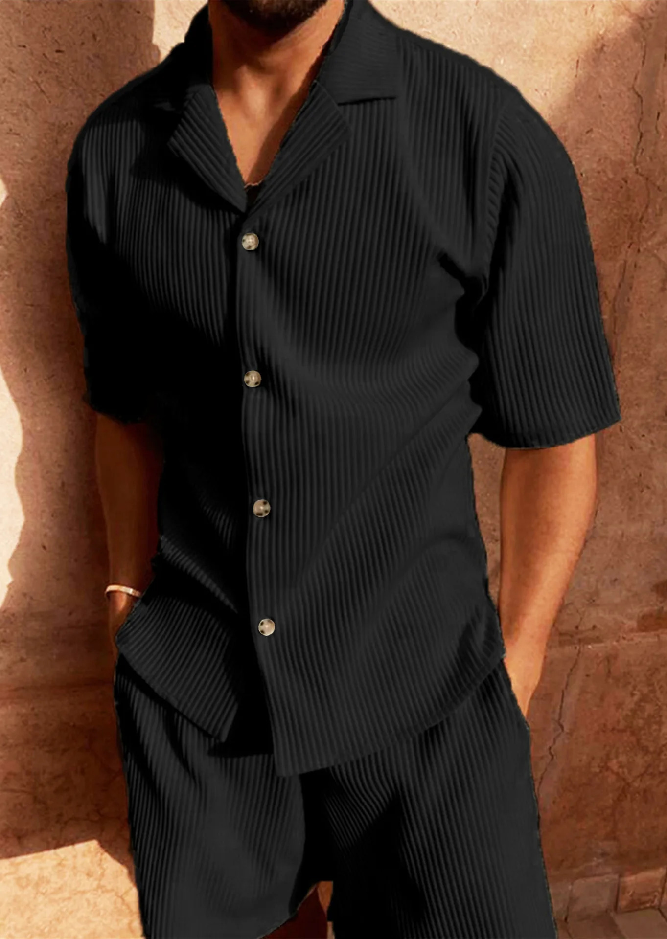 Mens Corduroy Casual Short Sleeve Shirt Shorts Suit Beach Style Lapel Collar Running Training 250614