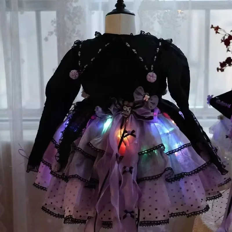 Sanrio 2024 Autumn Girl Kuromi Lolita Strap Dress Princess Glowing Skirt Support Rear Tail Little Coat Safety Trousers Halloween ClothXJ250618