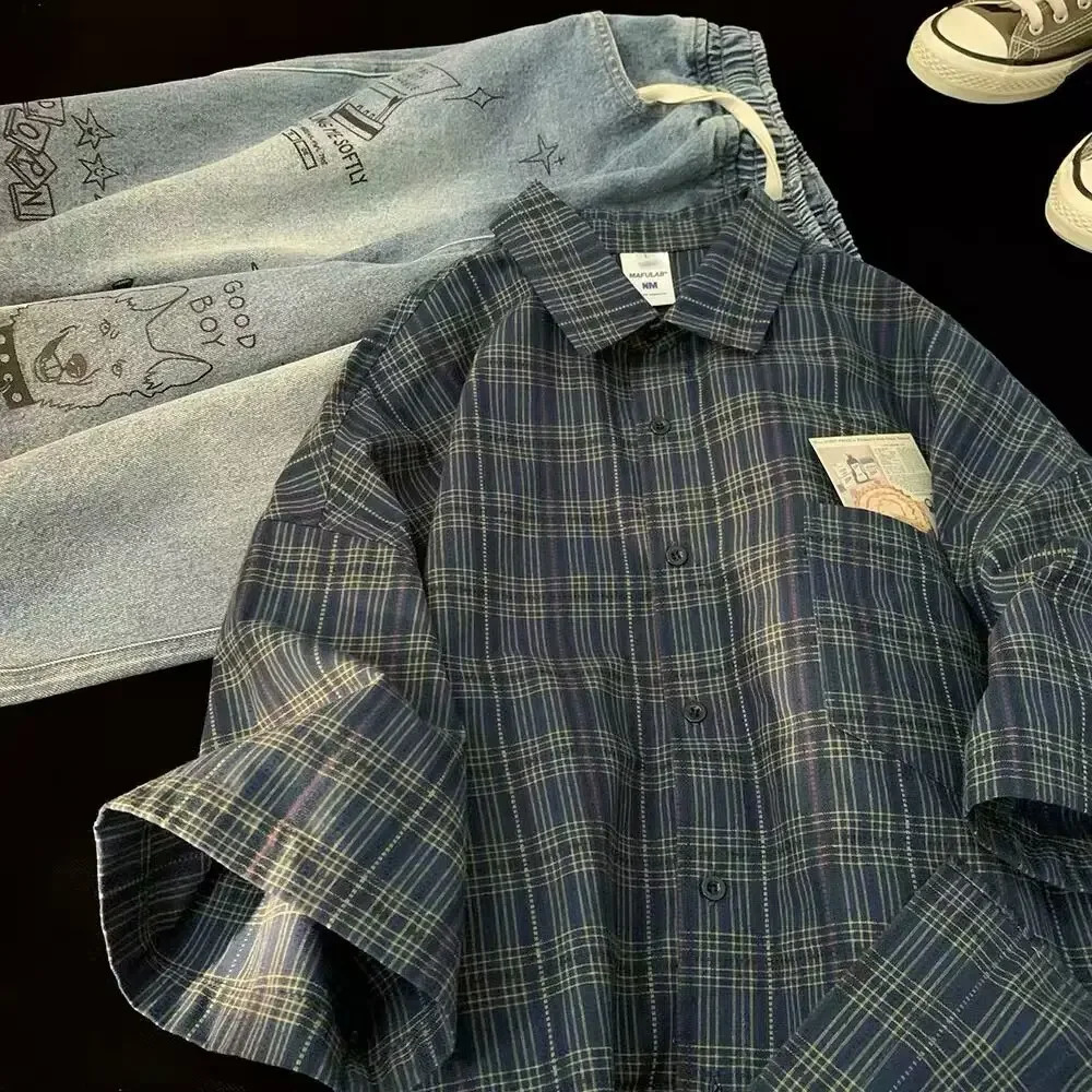 Japanese Vintage Plaid Short Sleeve Shirt Mens Streetwear Loose Fit High-end Feel Casual Stylish Versatile Half Sleeve Jacket 250616