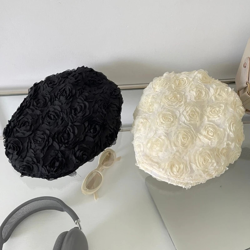 Korean er Rose Berets Caps for Women Spring and Summer Travel Versatile Ins Niche High-end Retro Forward Hats Men 250604