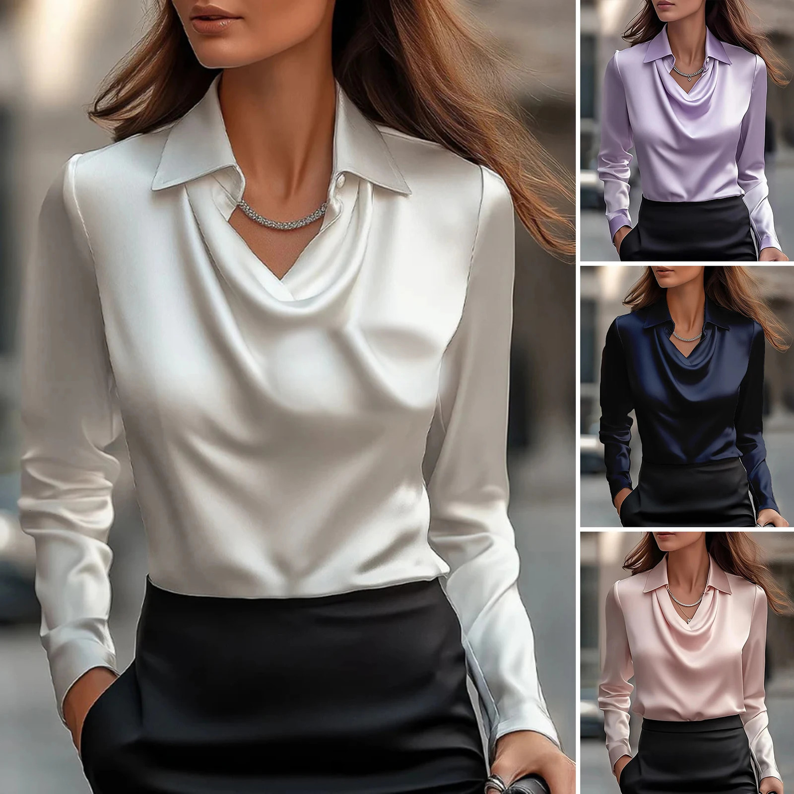 Satin Women Shirt Vintage Long Sleeve Blouse Silk Elegant Womens Tops Commuting y White Autumn Female Clothing 250617