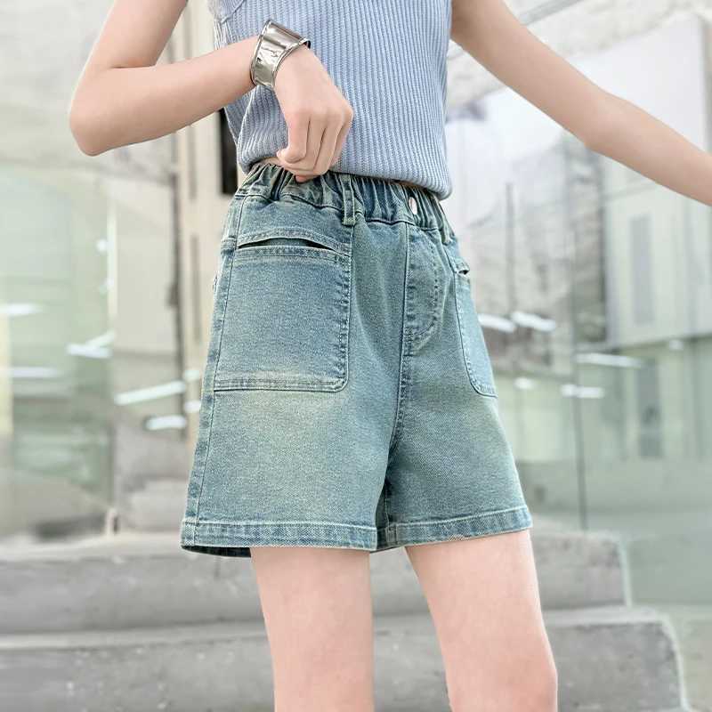 Girls summer front pocket design shorts 2025 new thin fashion jeans casual sports shorts 5-15 years oldC250617