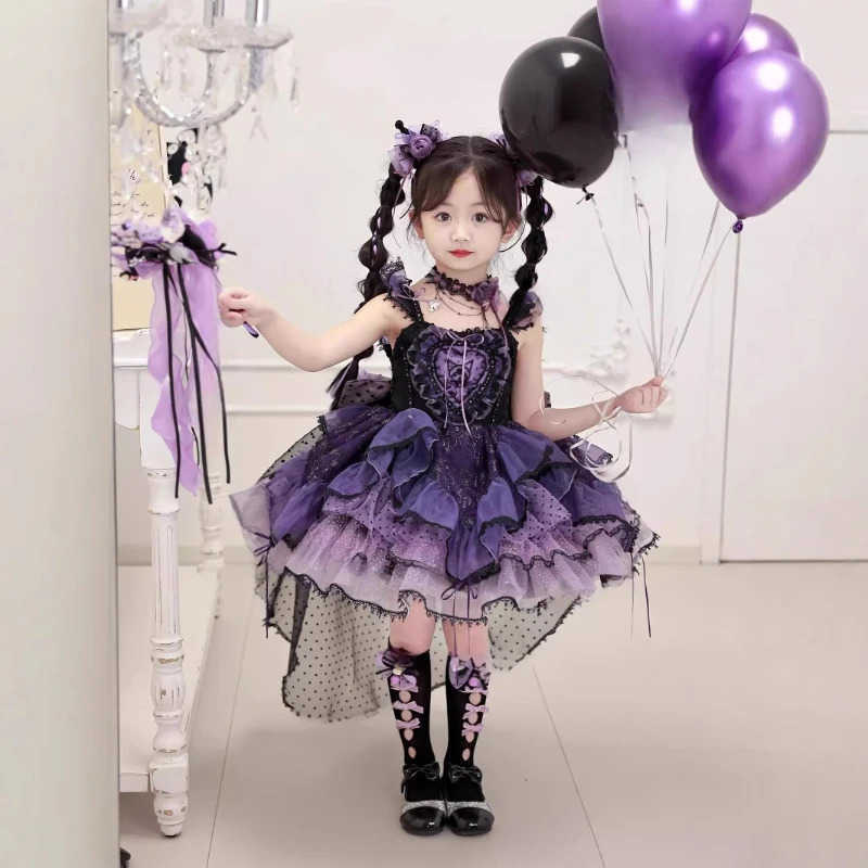 Sanrio Sanrio Cosplay Halloween Princess Dress Kuromi Lolita Spring Autumn CHILDRENS Costume Dresses Puffy Skirt Suit Cute Girls DressXJ250618