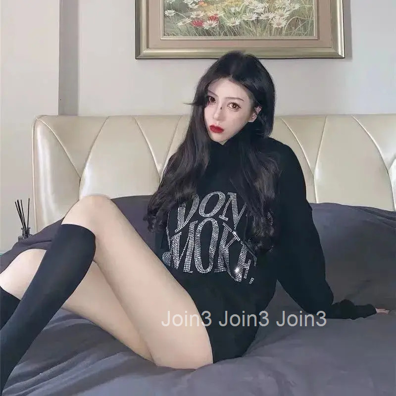 Graphic Black Sweatshirts for Women Rhinestone Sequin Grunge Glitter Hoodies Tops Female Clothes Hooded Sweat-shirt Essential E