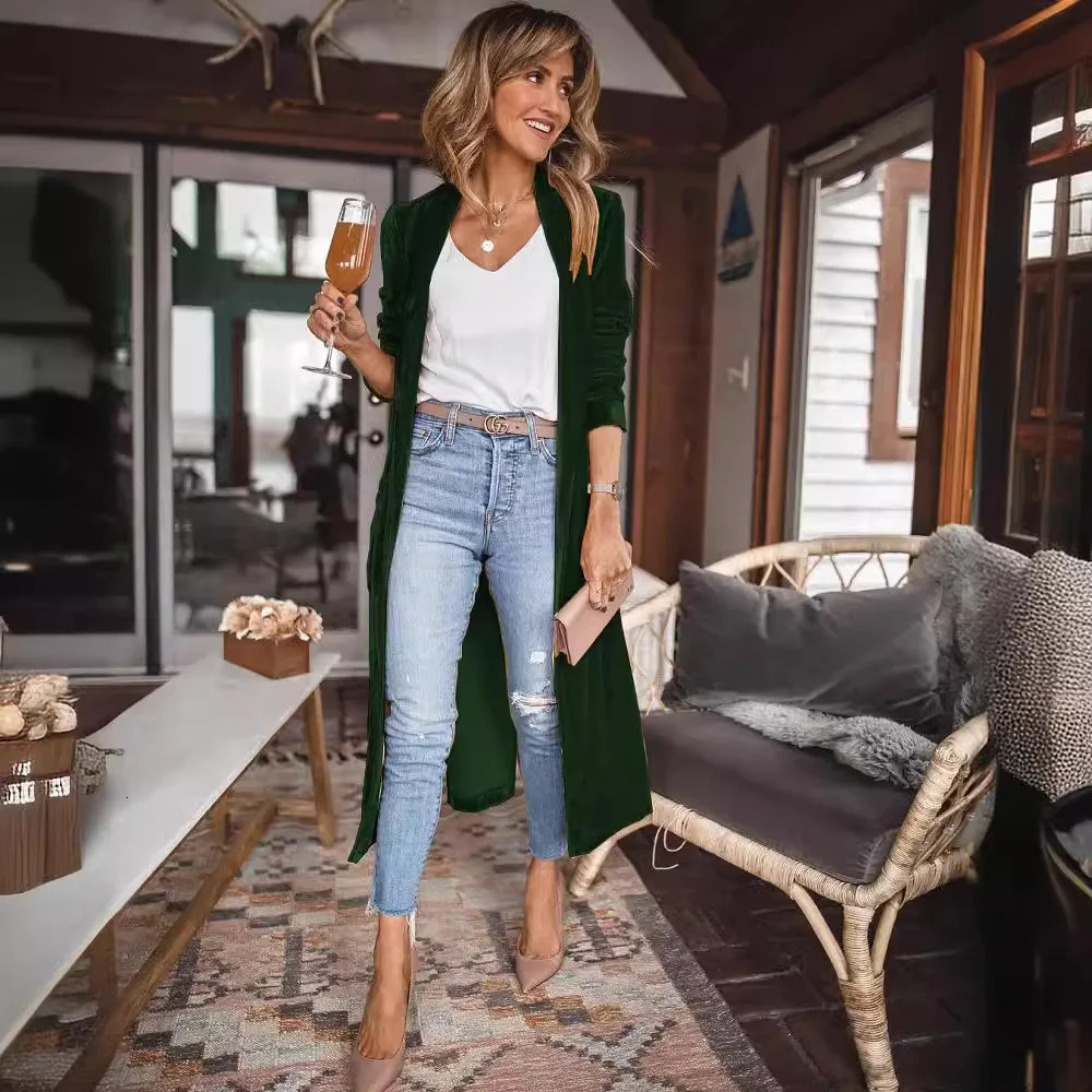 AutumnWinter Street Trendy Womens Loose Gold Velvet Stretch Long Coat Solid Elegant Office Lady Party X-LONG Cardigan Jacket 250617