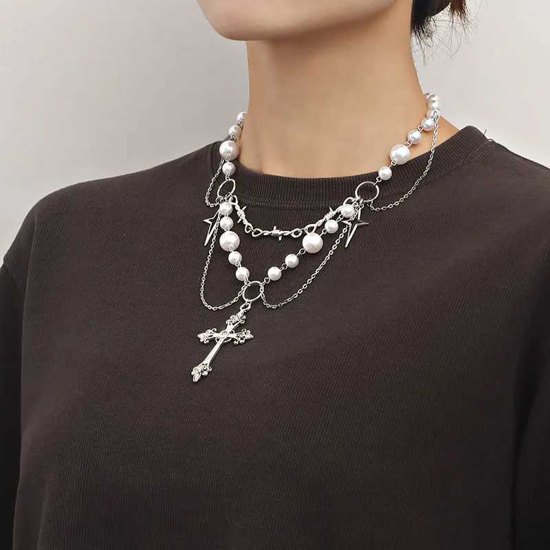 Vintage Gothic Cross Rosary Necklaces Wen Punk Layered Chain Charm Handmade Sacred Pearl Beaded Choker Necklace Girl GiftsC250617