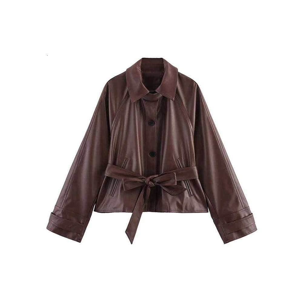 Street Brown Pu Leather Short Jacket Women Wind Loose Lapel Single Breasted Jackets Sashes Female Chic Versatile Coat