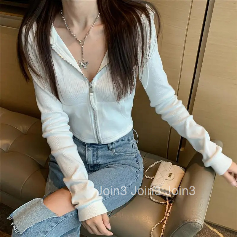 Female Clothes Cropped Hoodies Full Zip Up Sweatshirts for Women Plain Hooded with Tops Zipper 2000s Essential Winter Cold Emo M