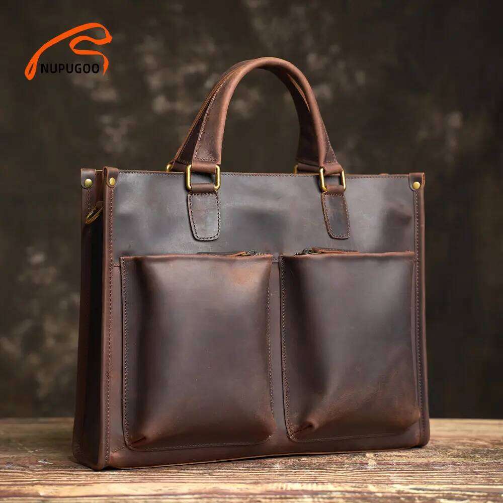 Vintage Men's Briefcase Genuine Leather Casual Trend Handbag High Capacity Shoulder Bag Zipper Pockte For 14 Inch Laptop NUPUGOO