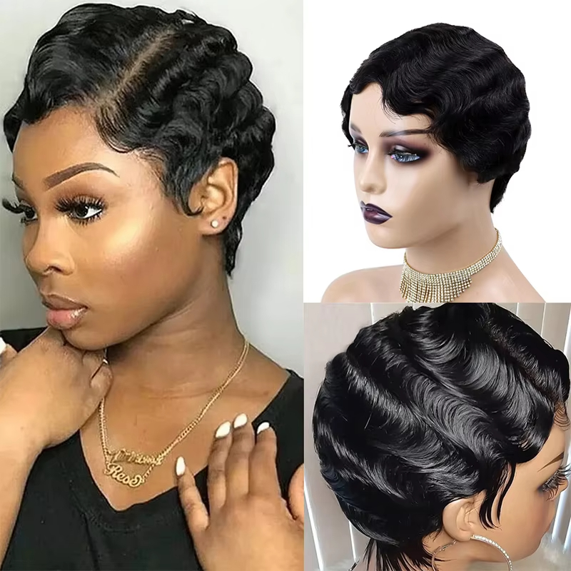 Finger Wave Wig Pixie Cut Short Bob Wavy Wig 100% Human Hair Curly Black Colored Cute Wig African Black Wigs for Women Mommy Wig Short Pixie Cut Wigs 