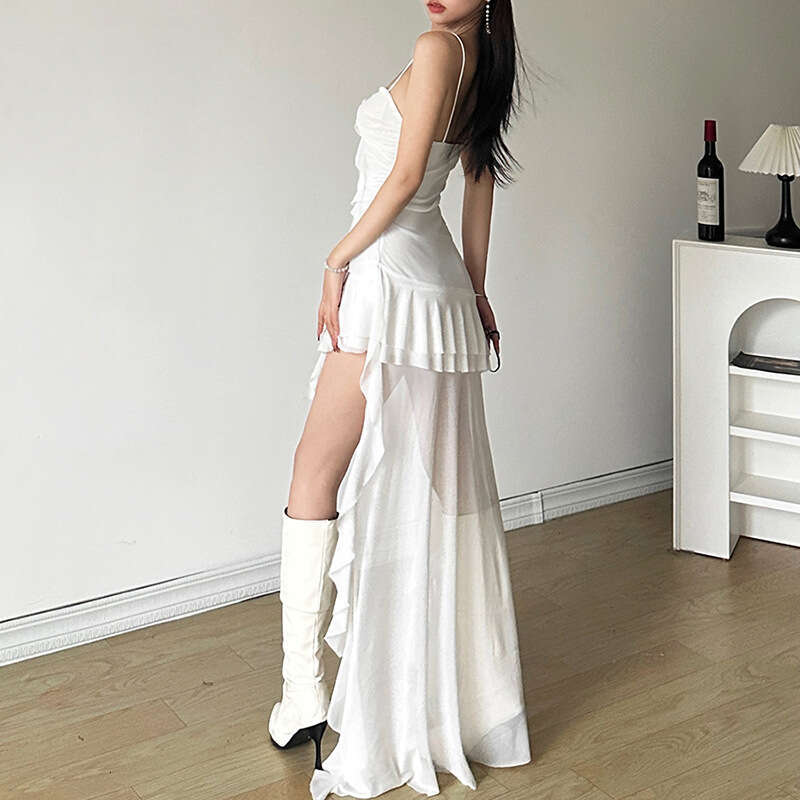 Spring New Women's Solid Color Slim Fit High Waist Fashion Off-Shoulder Strap Dress B5