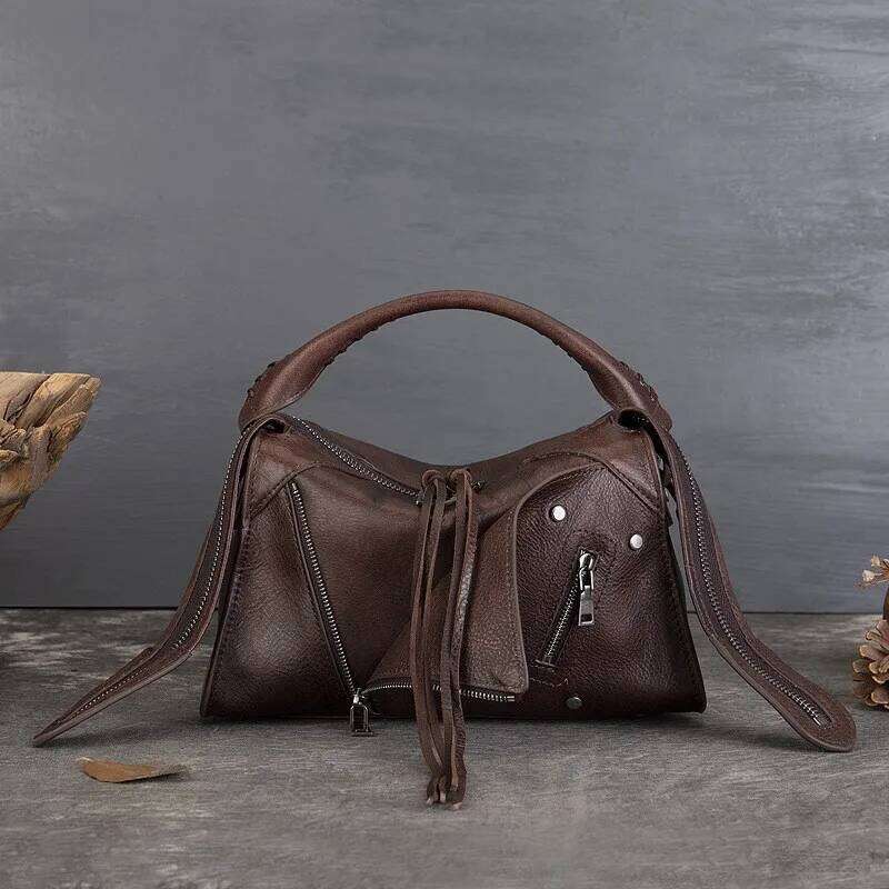 Johnature Genuine Leather Retro Lapel Handbag 2025 New Large Capacity Women's Bag Tassel Versatile Shoulder Crossbody Bags