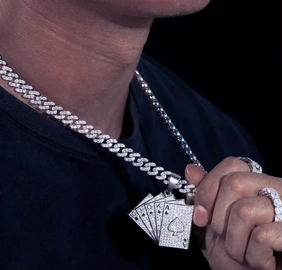 Custom 925 Sterling Silver Royal Flush Poker Pendant Necklace VVS Moissanite Iced Out Jewelry in Hip Hop Style Custom