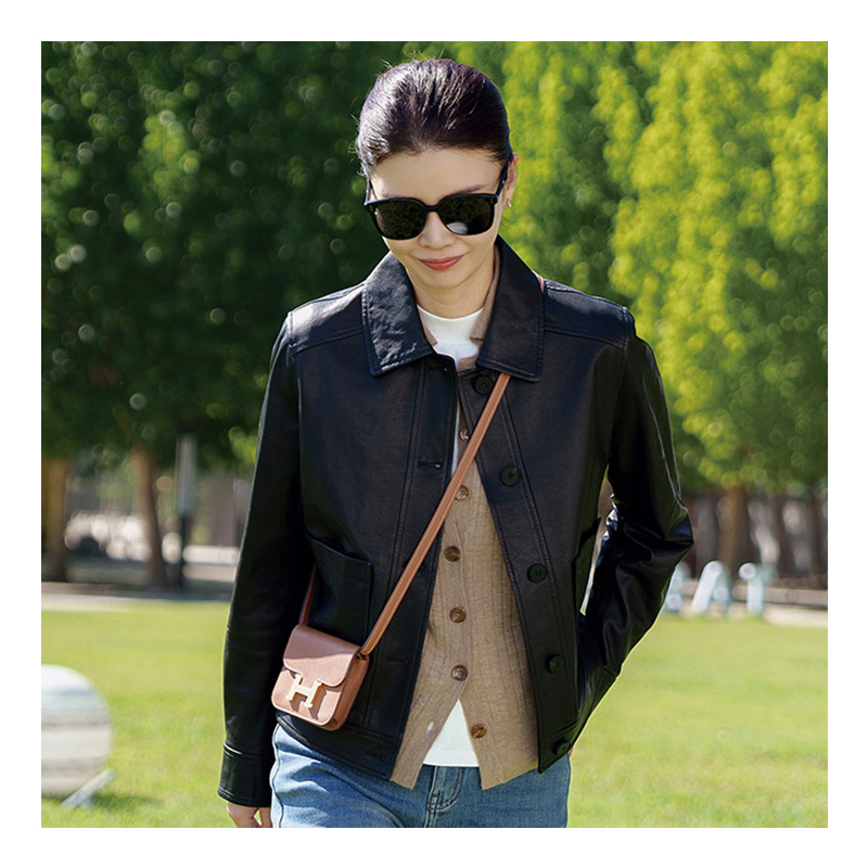 Sheepskin genuine leather jacket for women, slim and casual, lambskin retro leather jacket, short jacket