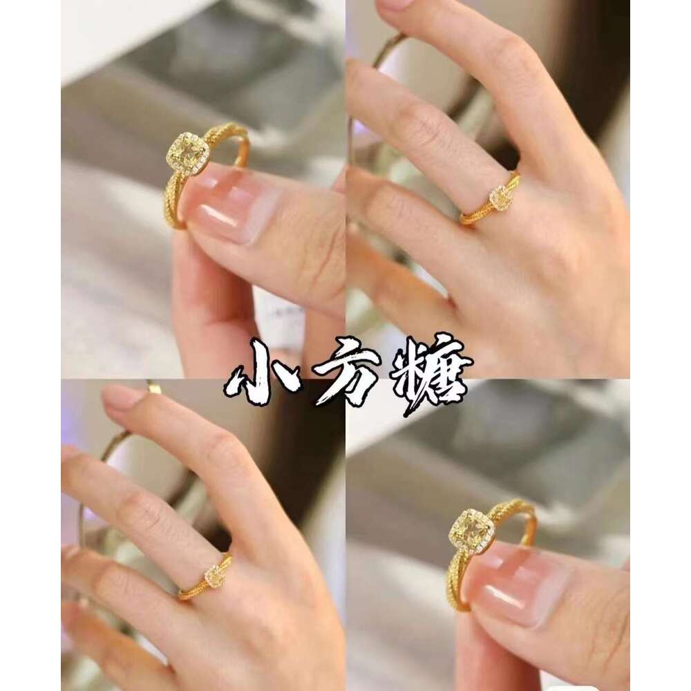 Same Small Sugar Cube Yellow Crystal Zircon Ring for Women Fairy Style Light Luxury Internet Celebrity Open Design