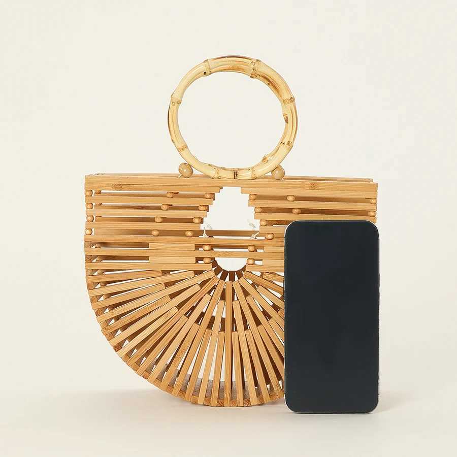 Vintage Half Round Bamboo Beach Handbags Women 2023 Summer Hollow Out Round Acrylic Handle Woven High Quality Holiday Z250618