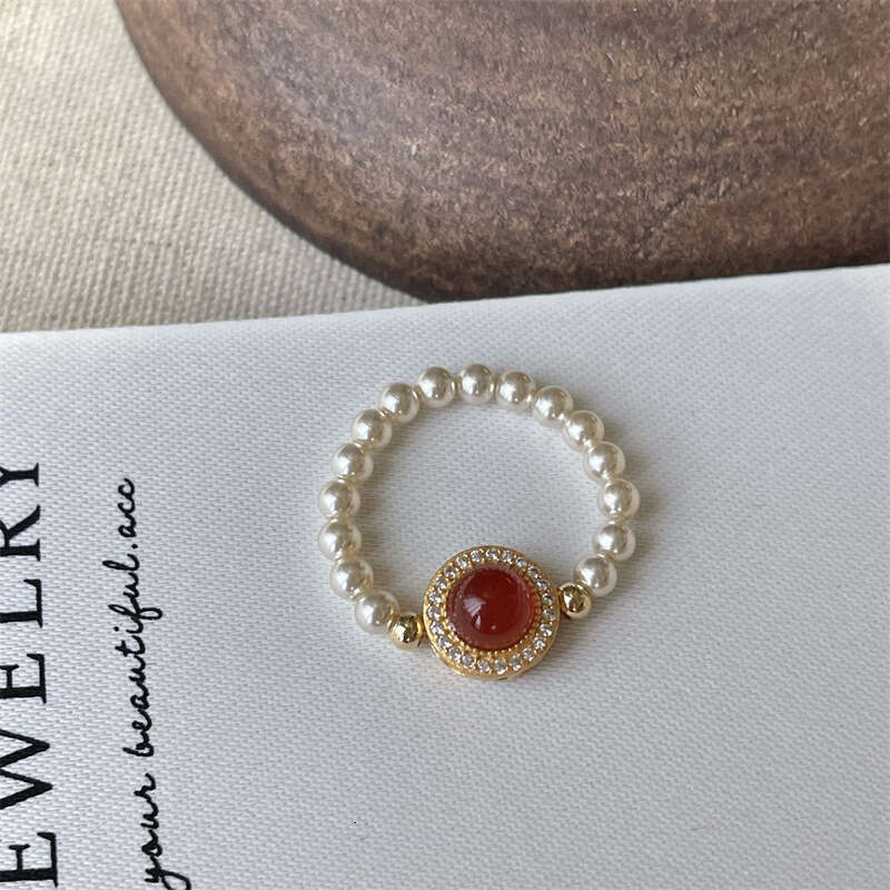High Aquamarine Pink Imitation Agate Pearl Fashionable High-end Elastic Rope Internet Celebrity Index Finger Ring