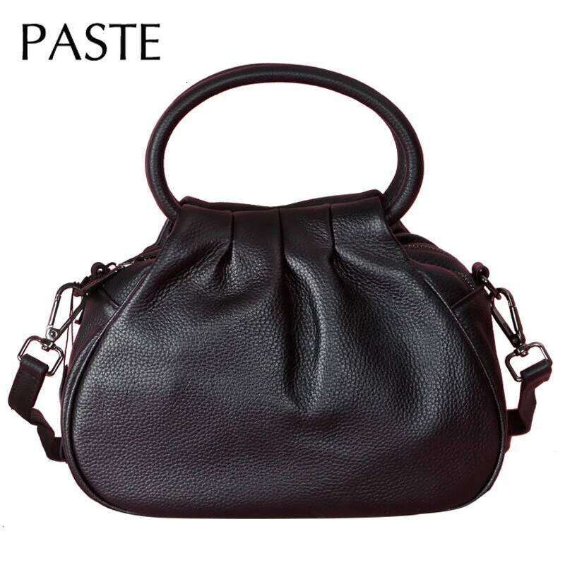 Elegant Soft Cowhide Leather Circle Ring Hand Dumpling Handbags Ruched Design Daily Pouch Small Female Crossbody Bag