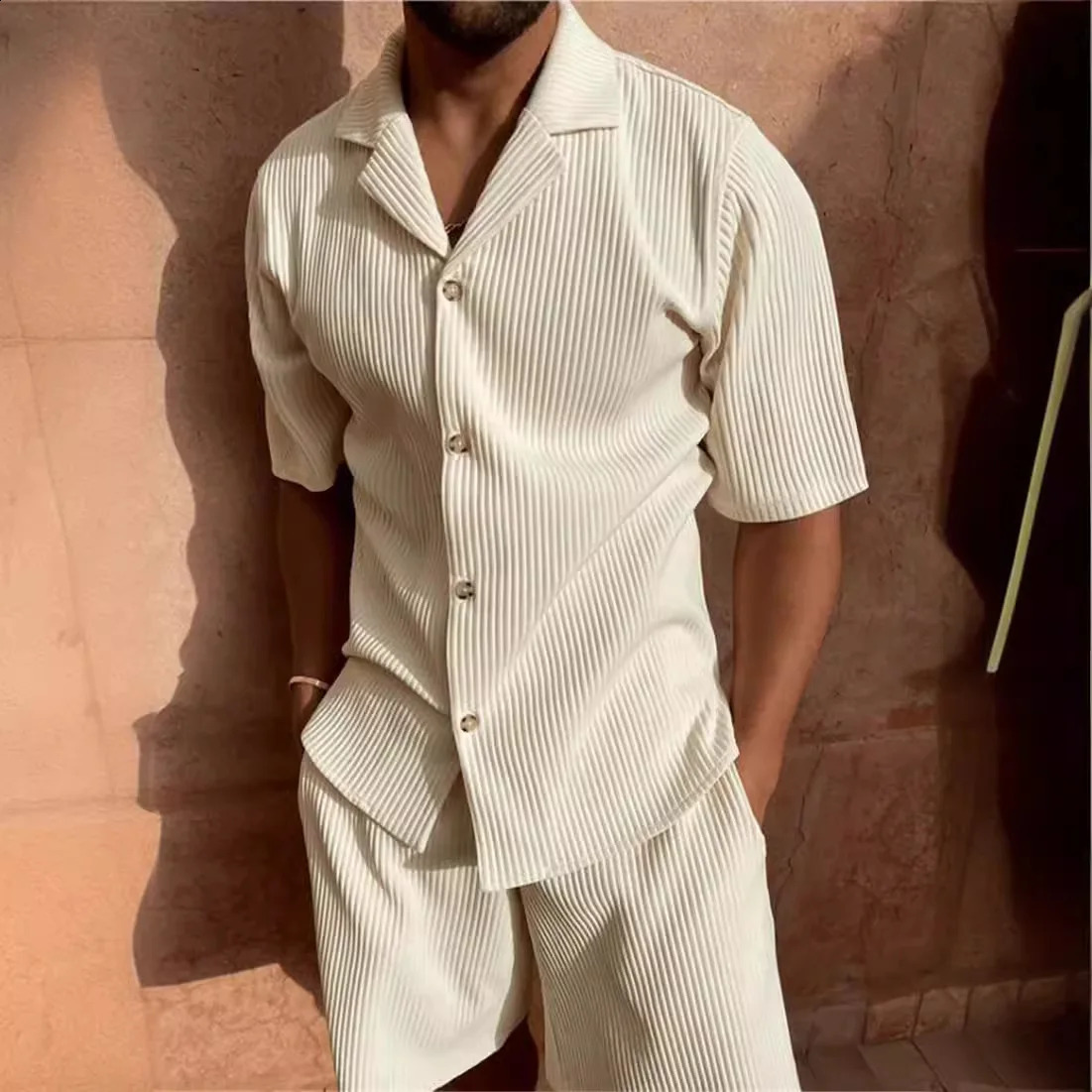 Mens Corduroy Casual Short Sleeve Shirt Shorts Suit Beach Style Lapel Collar Running Training 250614
