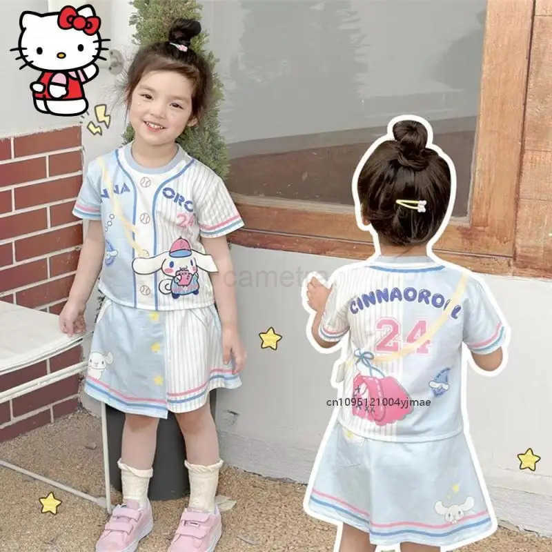 Sanrio Sanrio Hello Kitty Kuromi T Shirt Skirt Girls Dress Sanrio New Summer Anime Short Sleeved Skirt Suit Kawaii Children Casual T ShirtXJ250618