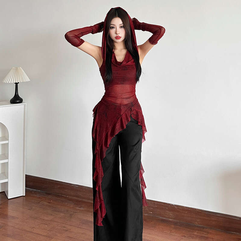 Autumn New Women's Fashion Solid Color Slim Fit Street Style Hooded Sleeveless Mesh Top B5