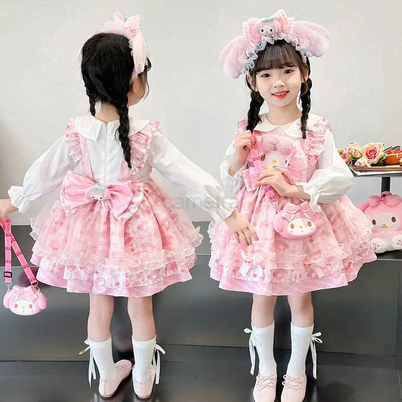 Sanrio 2024 Sanrio Cosplay Melody Lolita Princess Dress Summer Childrens Costume Dress Puffy Skirt Suit Cute Girl Birthday Kawaii Gift XJ250618