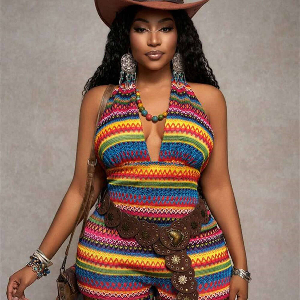 Summer Ethnic Style Backless Knit Deep V Sexy Sleeveless Slim Fit Jumpsuit Shorts B5