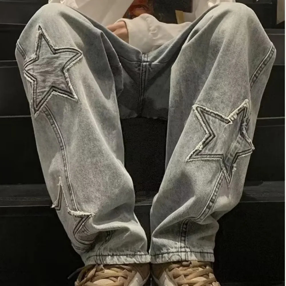 Star Embroidery Straight Casual Men Jeans Neutral Wide Leg Loose Hip-hop Fashion Youth Streetwear Denim Trousers Y2K pants men 250617