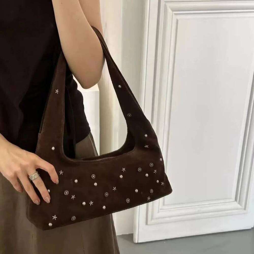 Vintage Frosted Shoulder Bag Half Moon Rivet Tote For Women Faux Suede Handbags And Purses Autumn Winter Hobos Cloud Bags