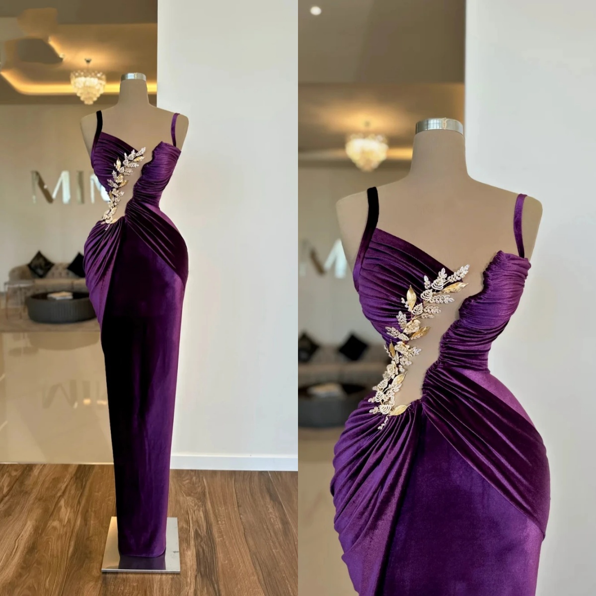 Simple Velvet Evening Dresses Appliques Pleats Gown Spaghetti Straps Sleeveless Sweep Train Dress Party Customized Dress
