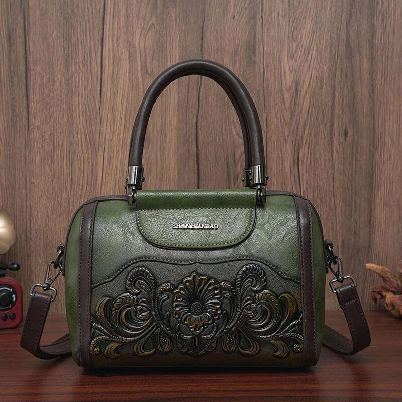 Women Leather Handbag Fashion Emed Top Handle Floral Pattern Design Adjustable Strap Versatile Daily Use Bag