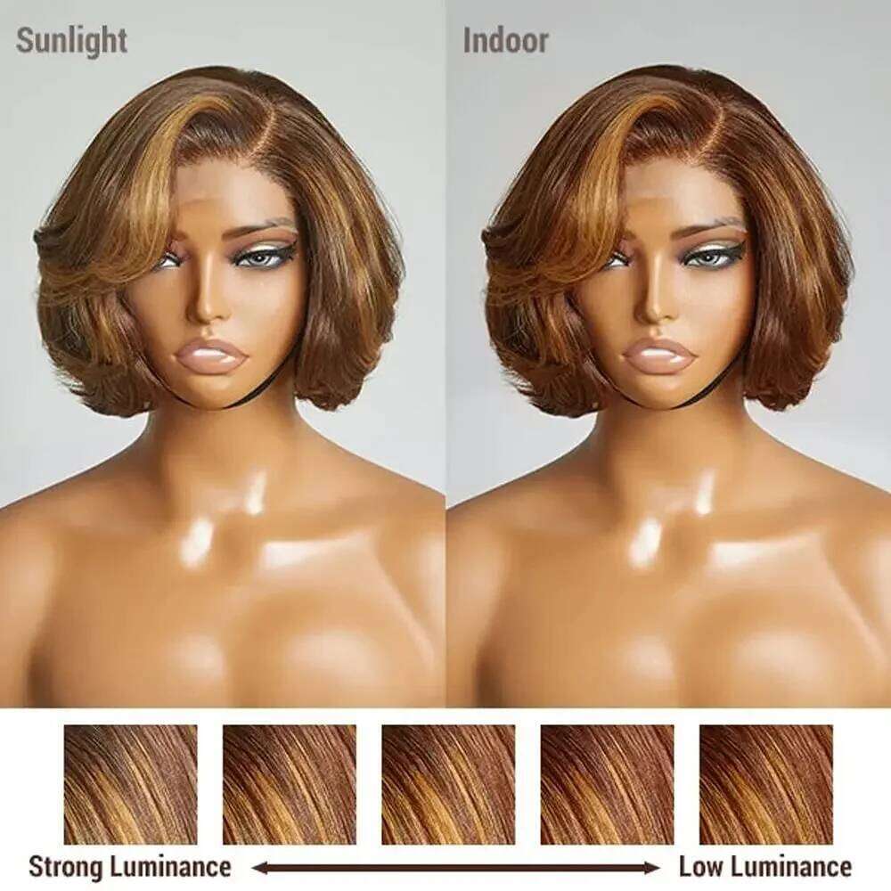 220 Density Glueless Water Ombre Colored HD 5x5 Lace Closure 4/27 Highlight Body Wave Short Bob Brown Wig Human Hair