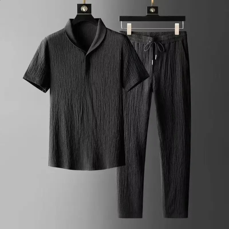 Summer Ultrathin Sleeveless Ice Silk Linen Suit Mens Cotton Set Oversized Loosefit Midsleeve Tshirt Sports Wear 250614