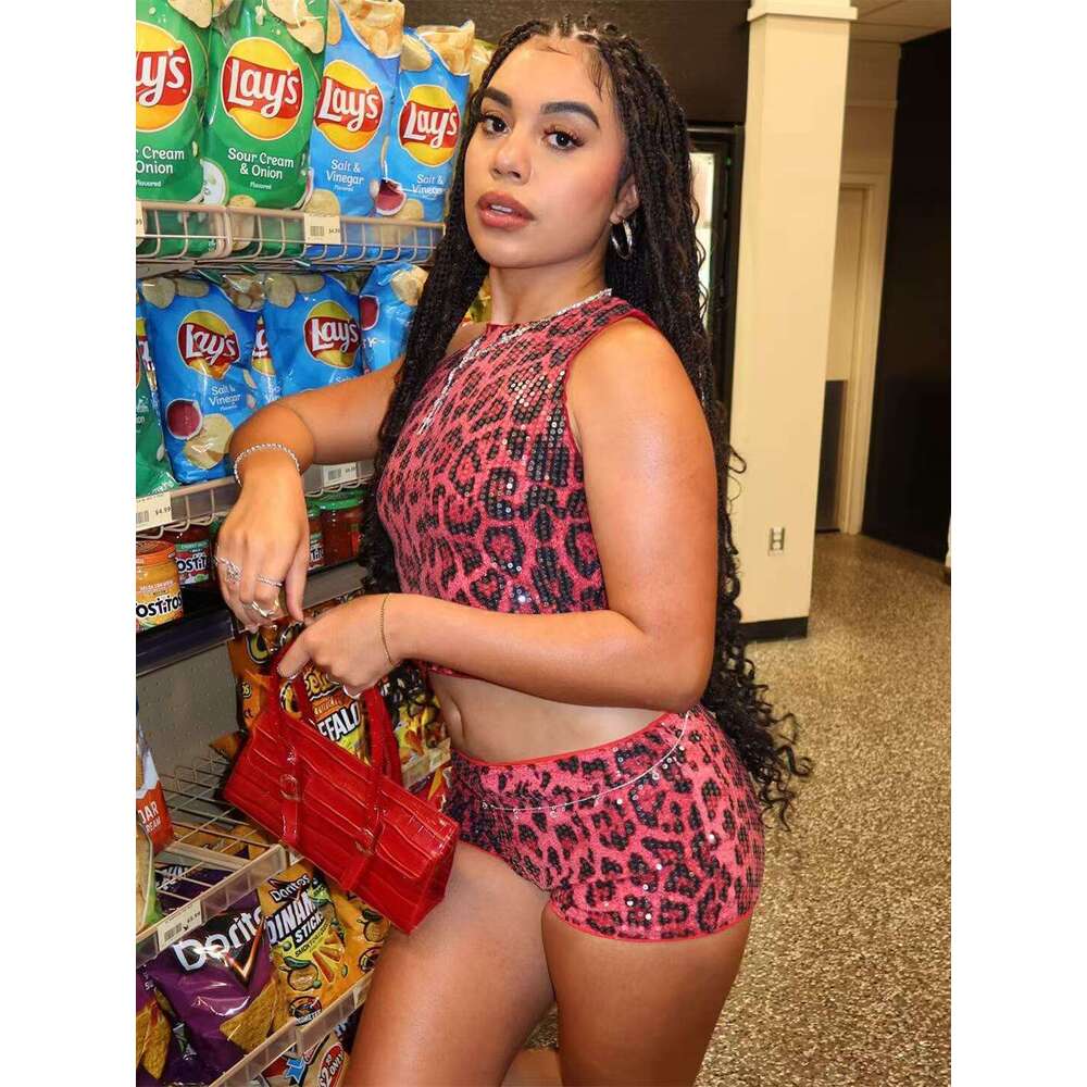 Autumn New Fashion Leopard Print Wild Sexy Slim Fit Short Sleeveless Tank Top And Shorts Set B5