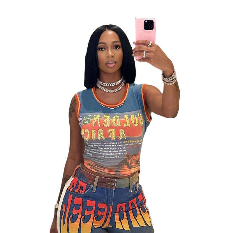 New Fashion Street Style Sexy Crop Slim Fit Printed Tank Top For Women B5