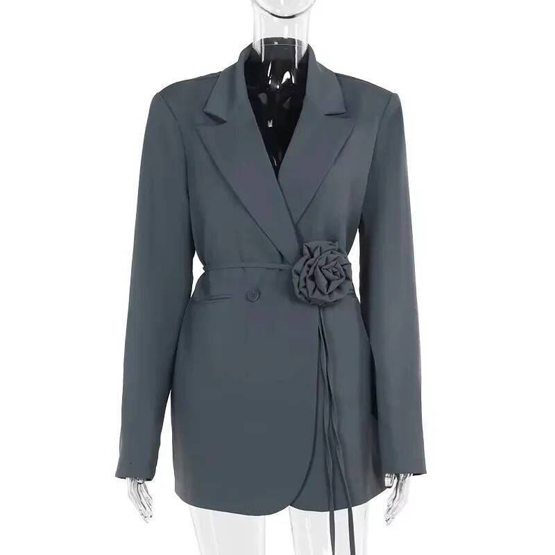 Flower Belt Blazer Coat Women 2025 New Spring Fashion Elegant Loose Pockets Suit Jackets Office Lady Casual Oversized Outerwear