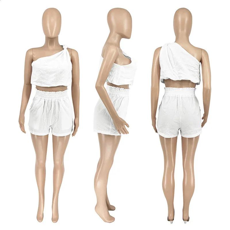 Solid Casual 2 Piece Set Woman Outfit Summer Clothes One Shoulder Draped Crop Top and Shorts Women Matching Sets Ensemble Short 250617