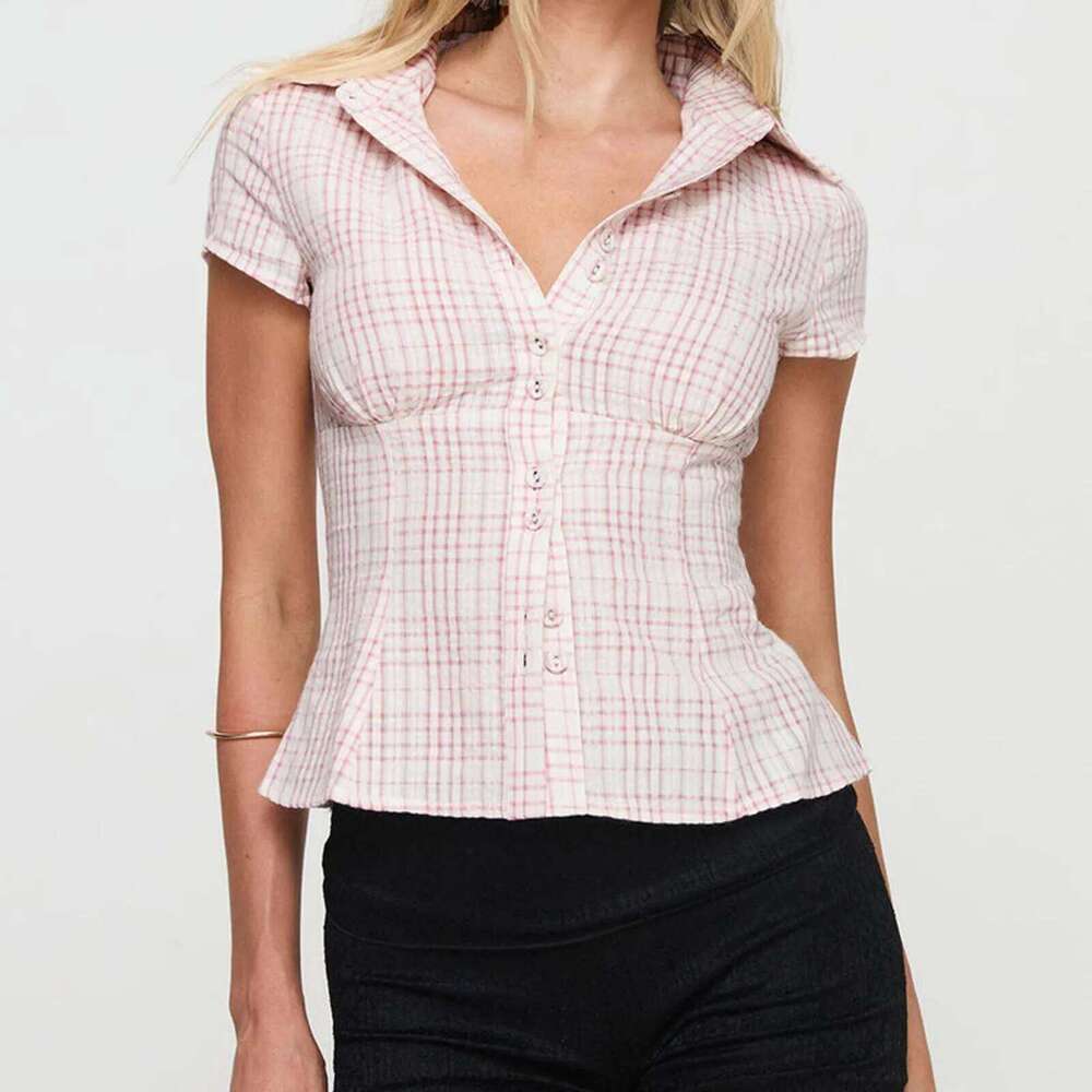 Hirigin Women's Y2k Short Sleeve Plaid Button Down Blouses Casual Summer Shirt Tops 90S Streetwear