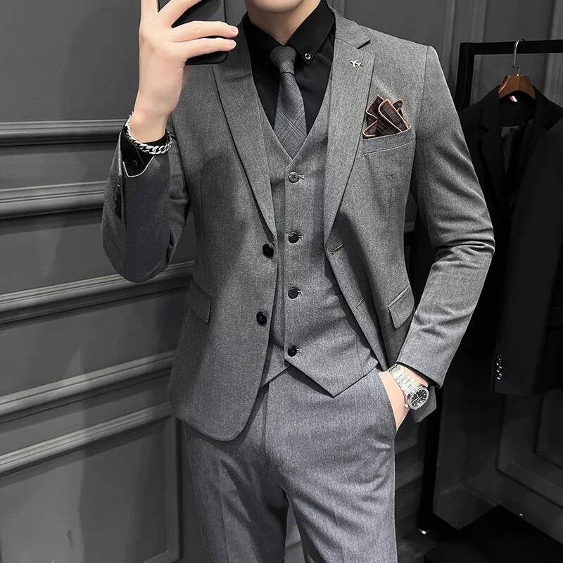 ( Blazer Vest + Pants ) Boutique Fashion Solid Color Men's Slim Casual Business Suit Three-Piece Set Groom Wedding Dress Party