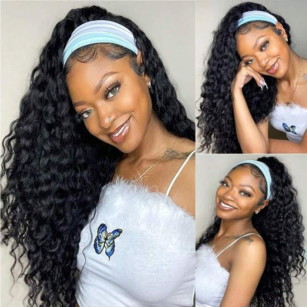 Deep Wave Headband Wig Human Hair Full Machine Made 250% Density Deep Curly Glueless Wig 100% Human Hair For Black Women Easy to Go