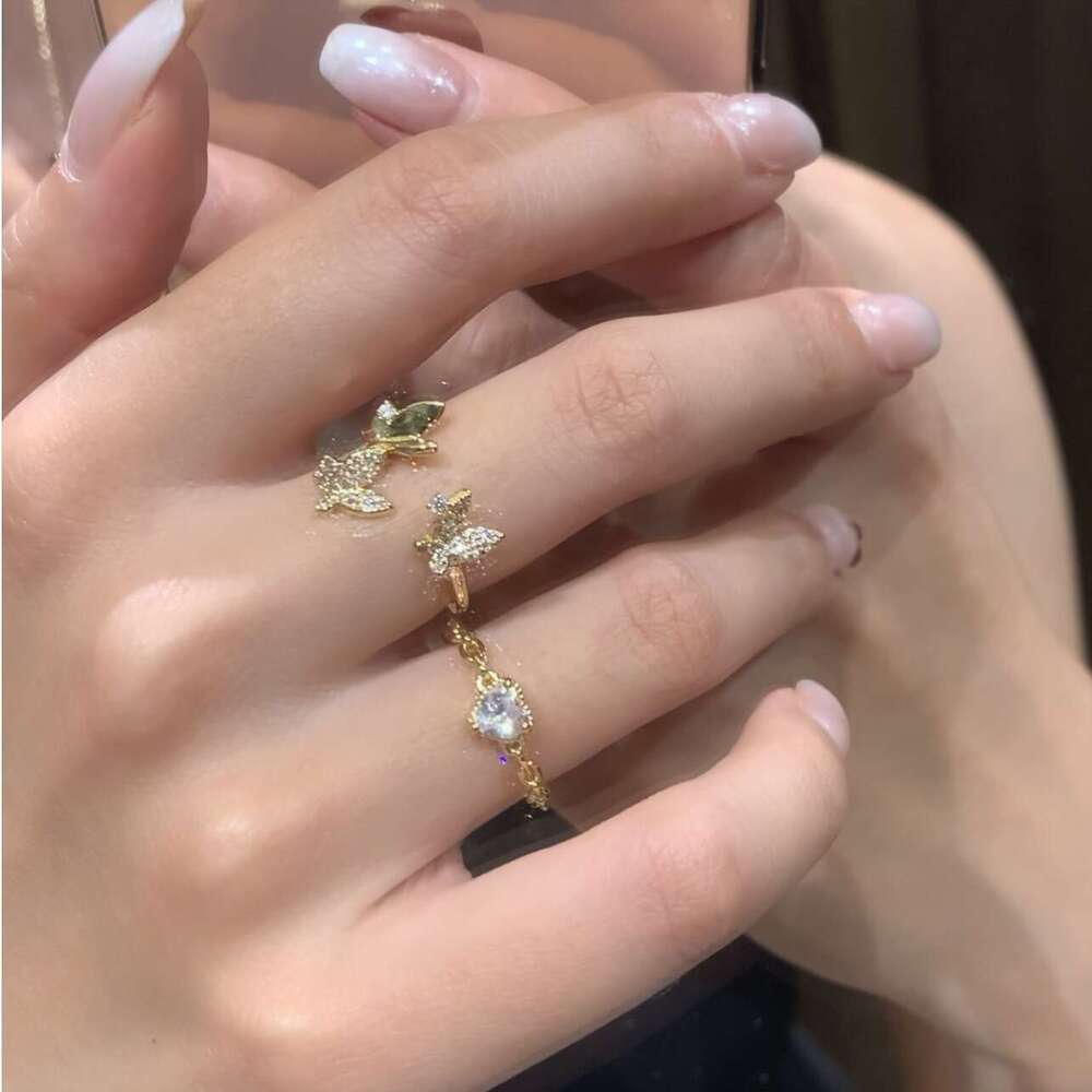 New Heart-Shaped White Zircon Great Wall Pattern Shiny Chain Adjustable Heart Ring Light Luxury Versatile Niche Design