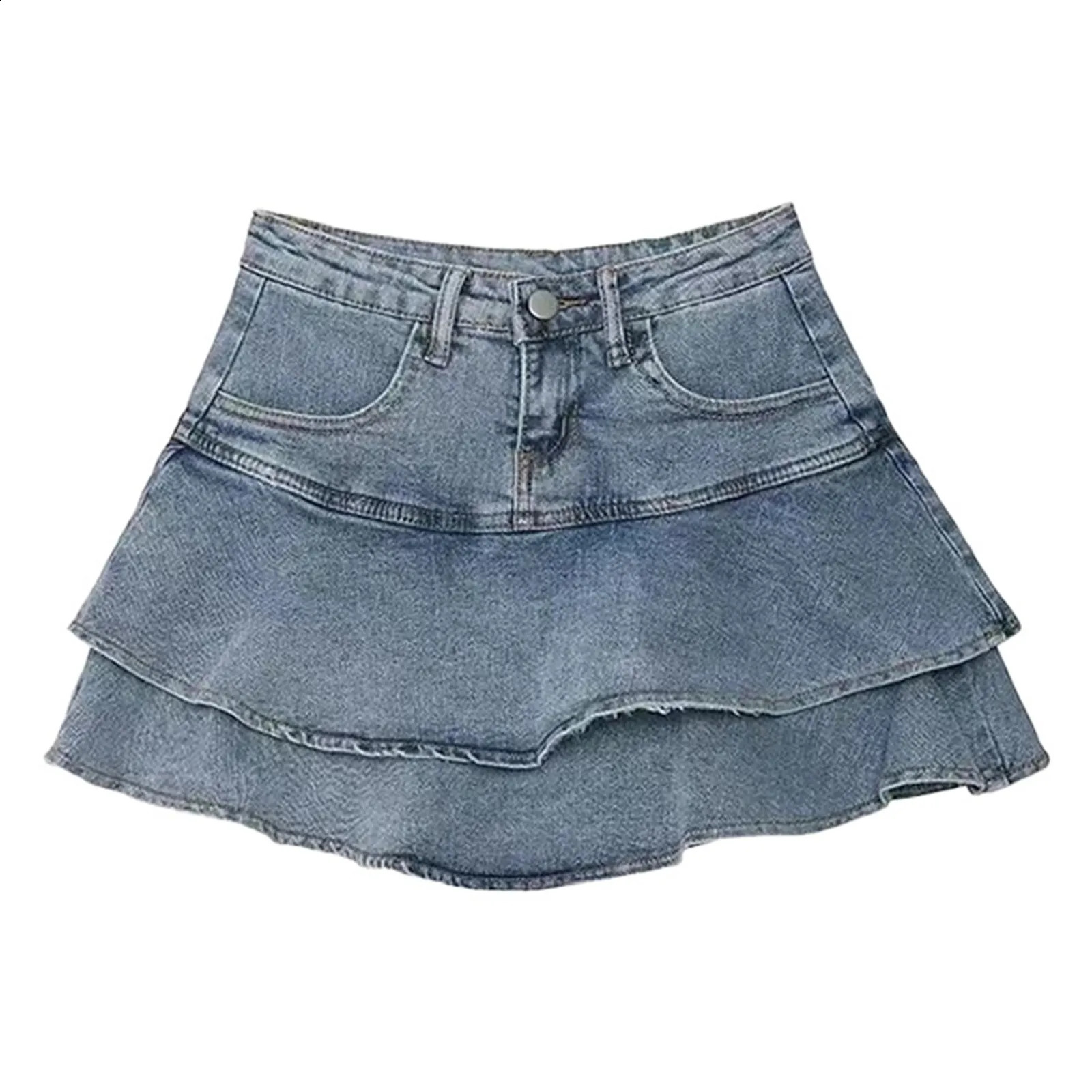 Women Summer High Waist ALine Mini Cake Jeans Skirt Vintage Washed Pleated Ruffles Layered Tiered Casual Slim Denim Streetwear 250610A