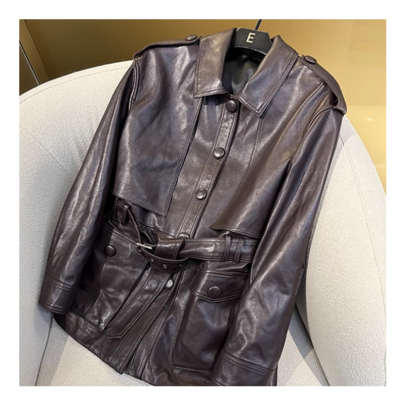 Spring new Hong Kong style locomotive leather windbreaker, genuine leather sheepskin fashionable lace up mid length leather suit top
