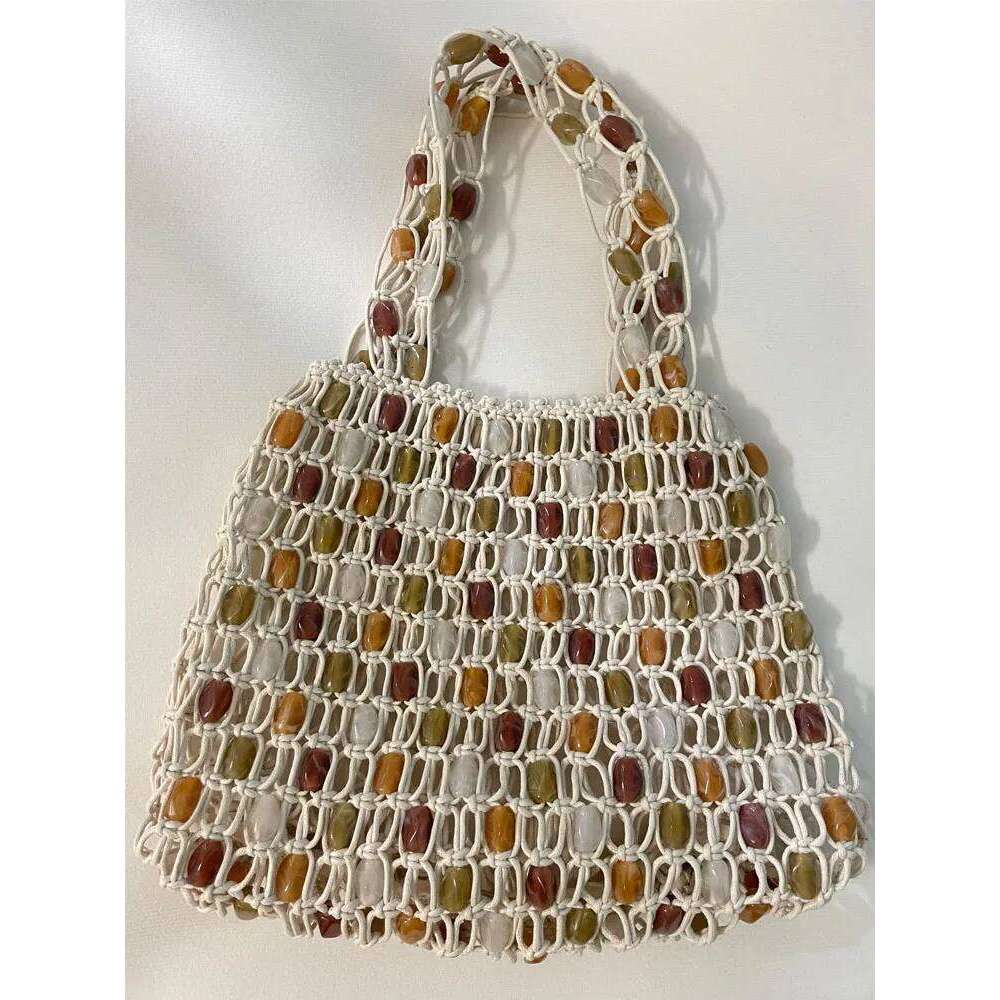 Women Beaded Summer Design Hollow-out Woven Bead Tote Shoulder Bag Female Small Handbag