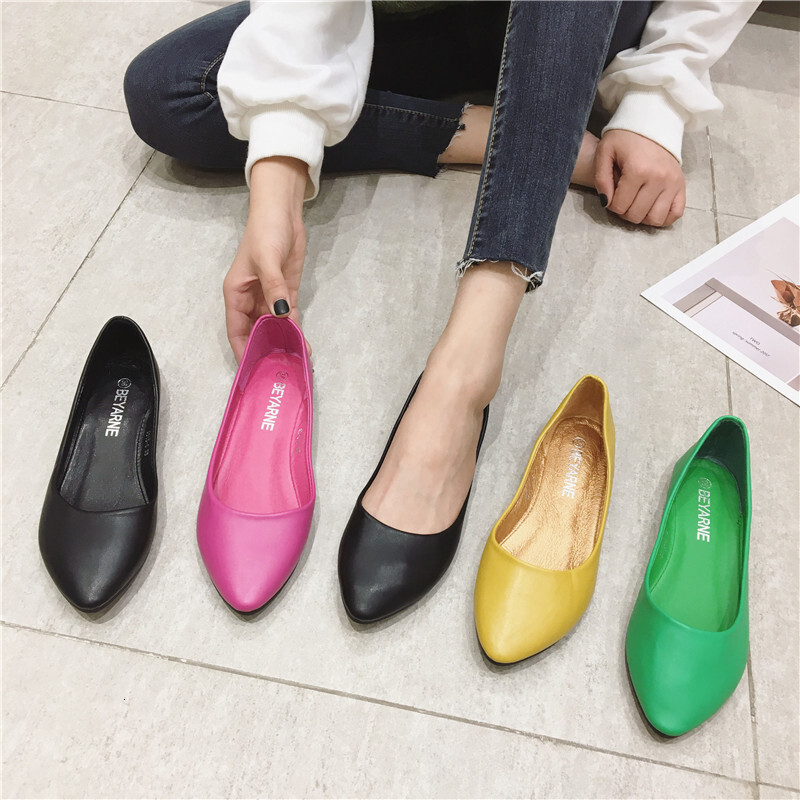 BEYARNE Women's Leather Soft Sole Candy Color Plain Shallow Mouth Single Heel Flat Plus Size Shoes ddmythur